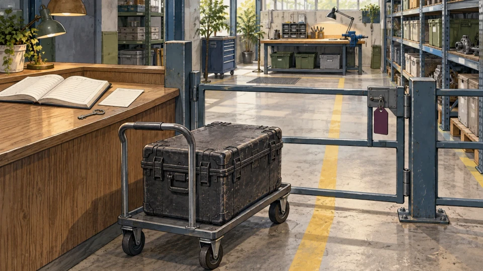 An equipment case waits beside a closed workshop gate, with a transaction ledger, receipt and key at the checkpoint.