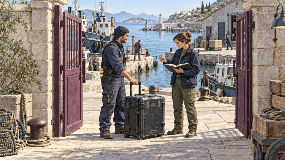 Two fictional harbor coordinators check a ledger and approval token while handing over a wheeled equipment case through an open gate.