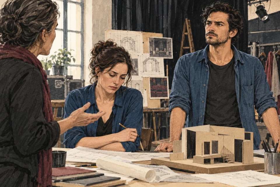 In a rehearsal room, a colleague addresses Mara and Leo. Mara averts her gaze and draws back slightly; Leo faces the colleague with an upright posture.