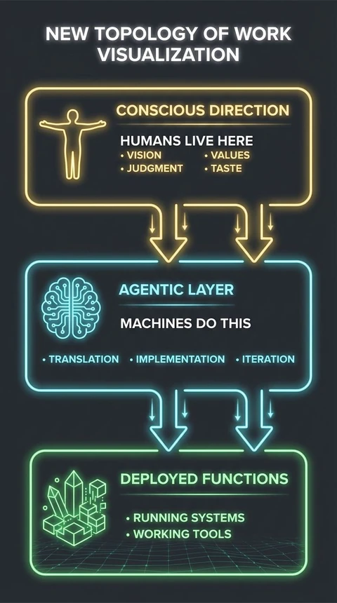 The new topology of work: conscious direction at the top, an agentic layer in the middle, and deployed functions at the bottom.