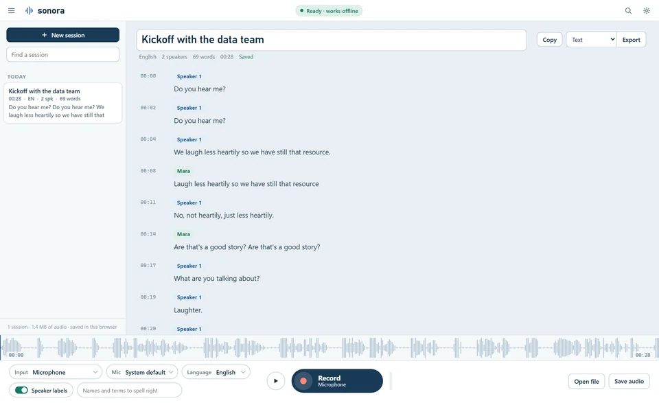 Sonora with a transcript, named speakers, a waveform scrubber, and the record control