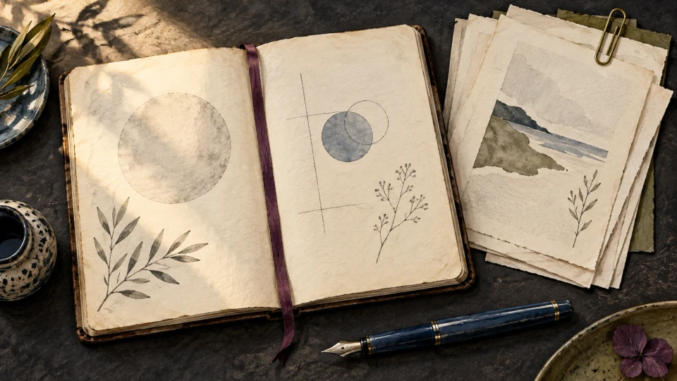An open sketchbook, loose illustrated pages and a blue fountain pen rest on a charcoal writing surface.