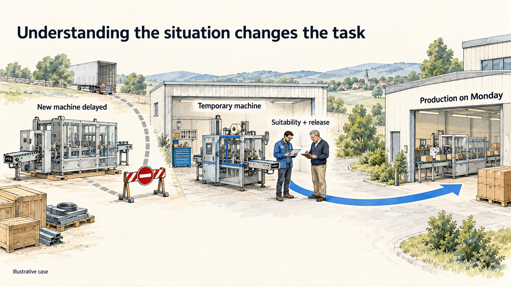 A delayed new machine leaves one route blocked. A temporary machine could let the customer start production on Monday, after suitability and approval checks.