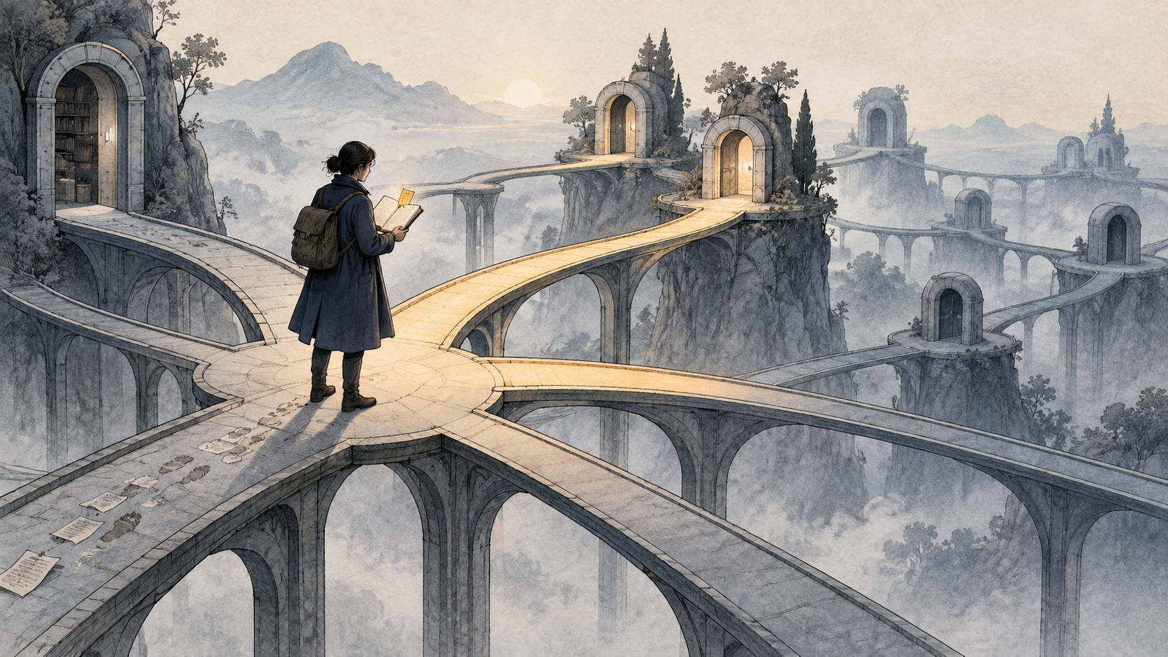 An investigator consults a notebook at a branching network of bridges; a remembered clue illuminates possible routes ahead. AI-generated conceptual illustration.