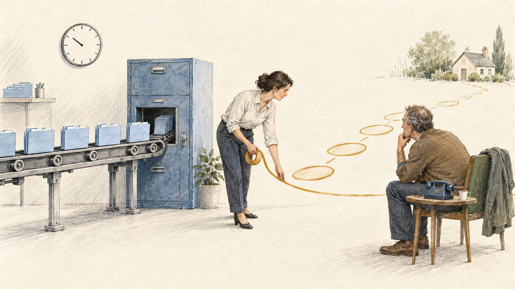 An efficient conveyor files claims while a customer waits by a telephone. A claims handler sketches a new path towards the customer's next steps and home.