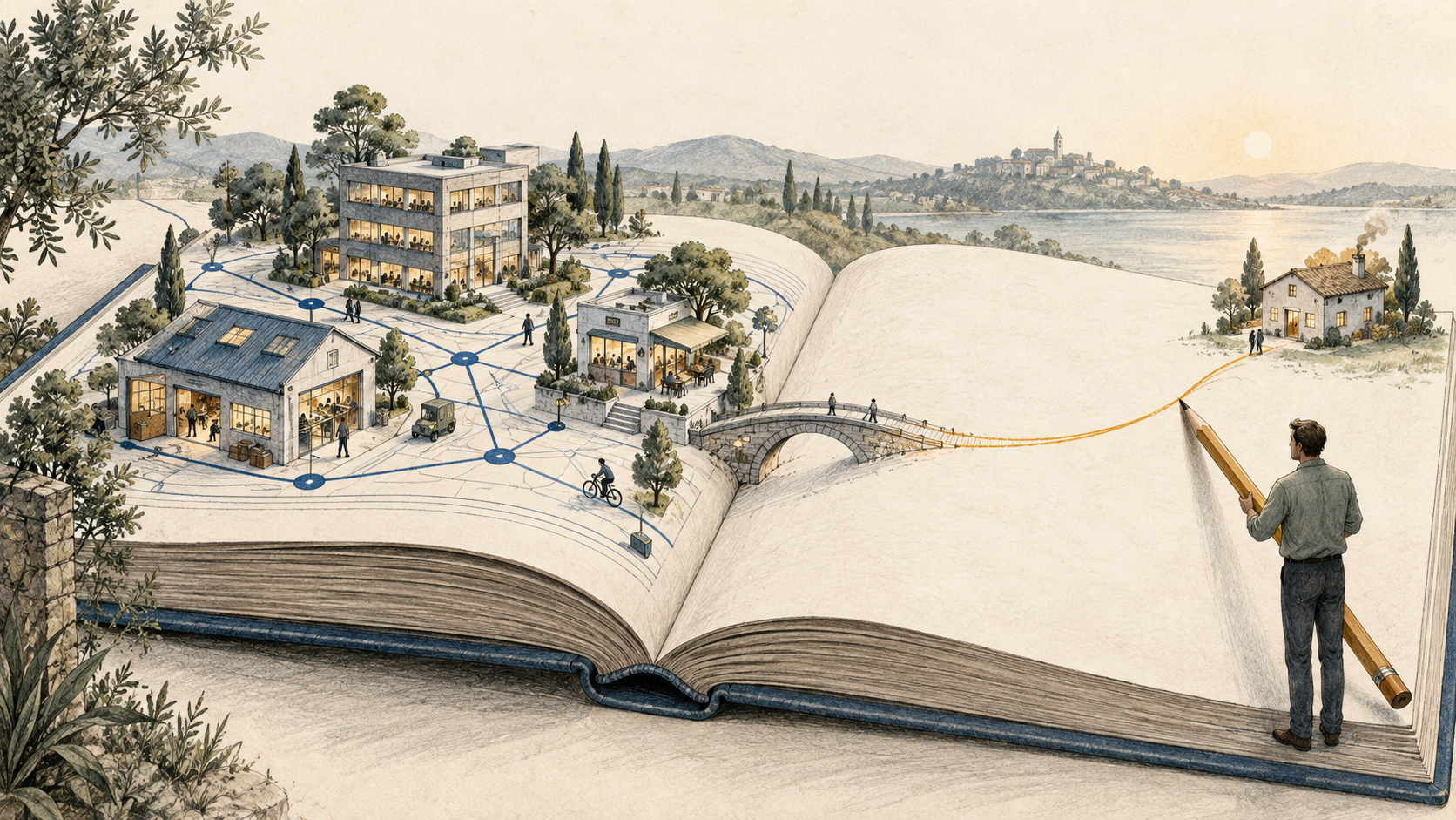 A working miniature enterprise rises from an open book of connected knowledge. A person draws a new path across the unfinished page towards a home.